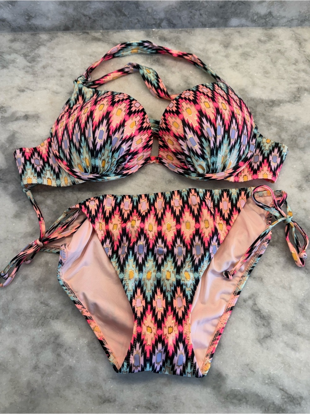 Victoria’s Secret Multicolor Bikini Set 36B Top L Bottom Halter Underwire Boho